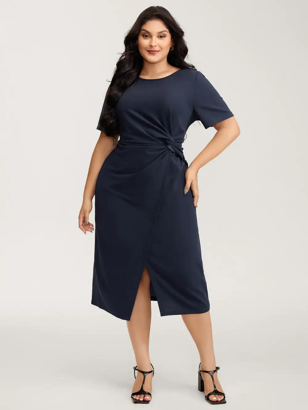 Half-Sleeve Split Front Sheath Midi Dress
