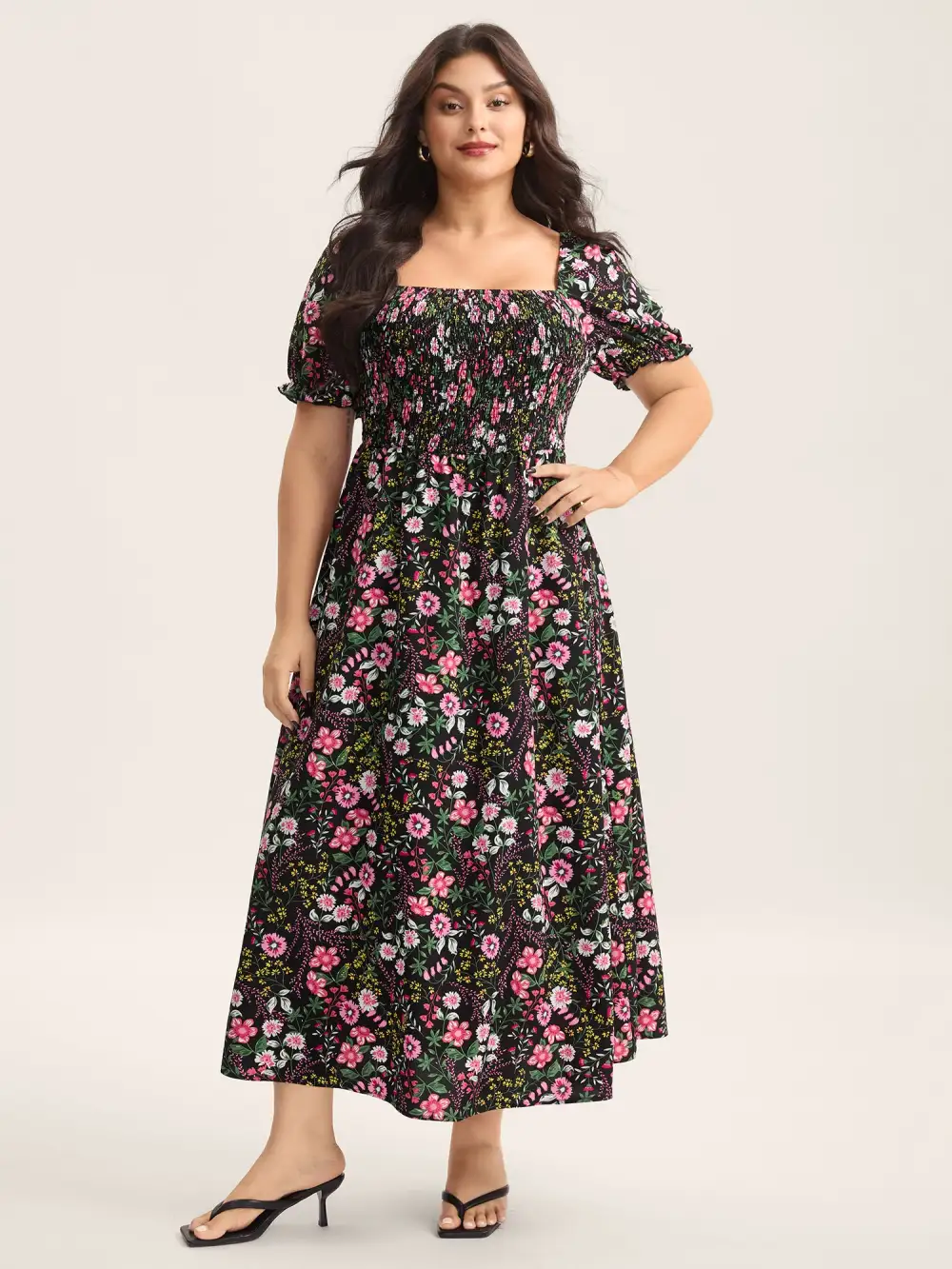 Shirred Floral Print Pockets Maxi Dress