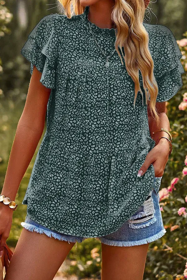 Animal Print Ruffle Chiffon T-Shirt