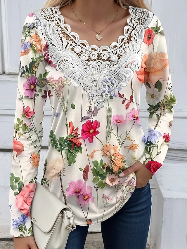 Women's Shirt Blouse Floral Lace Print Casual Holiday Fashion Long Sleeve V Neck Black Spring &  Fall
