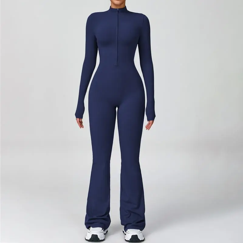 Women's Long Sleeve Flared Jumpsuit – Zipper Wide Leg Activewear for Gym & Casual Wear