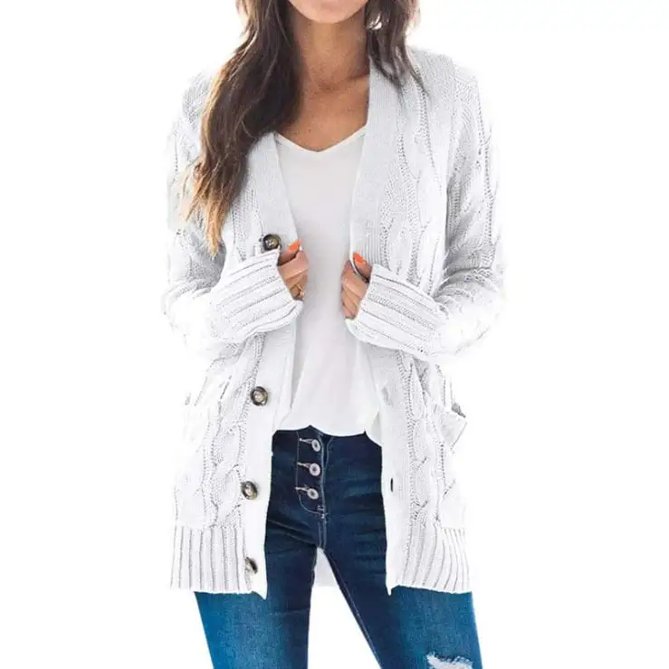 Women's Fall Casual Long Sleeve Button Down Open Front Cable Knit Cardigan