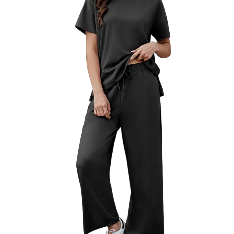 2 Piece Tracksuit for Womenswear Soft Short Sleeve Outdoor Wide Adjustable Leg Pockets Pants Lounge Matching Travel