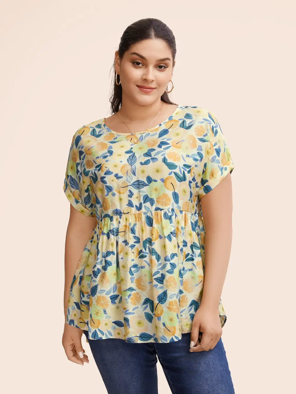Fruit Print Curved Hem Batwing Sleeve Blouse