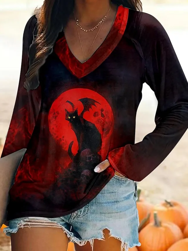Women's T shirt Tee Burgundy Tee Halloween Shirt Cat Print Halloween Weekend Daily Basic Long Sleeve V Neck Yellow Fall & Winter