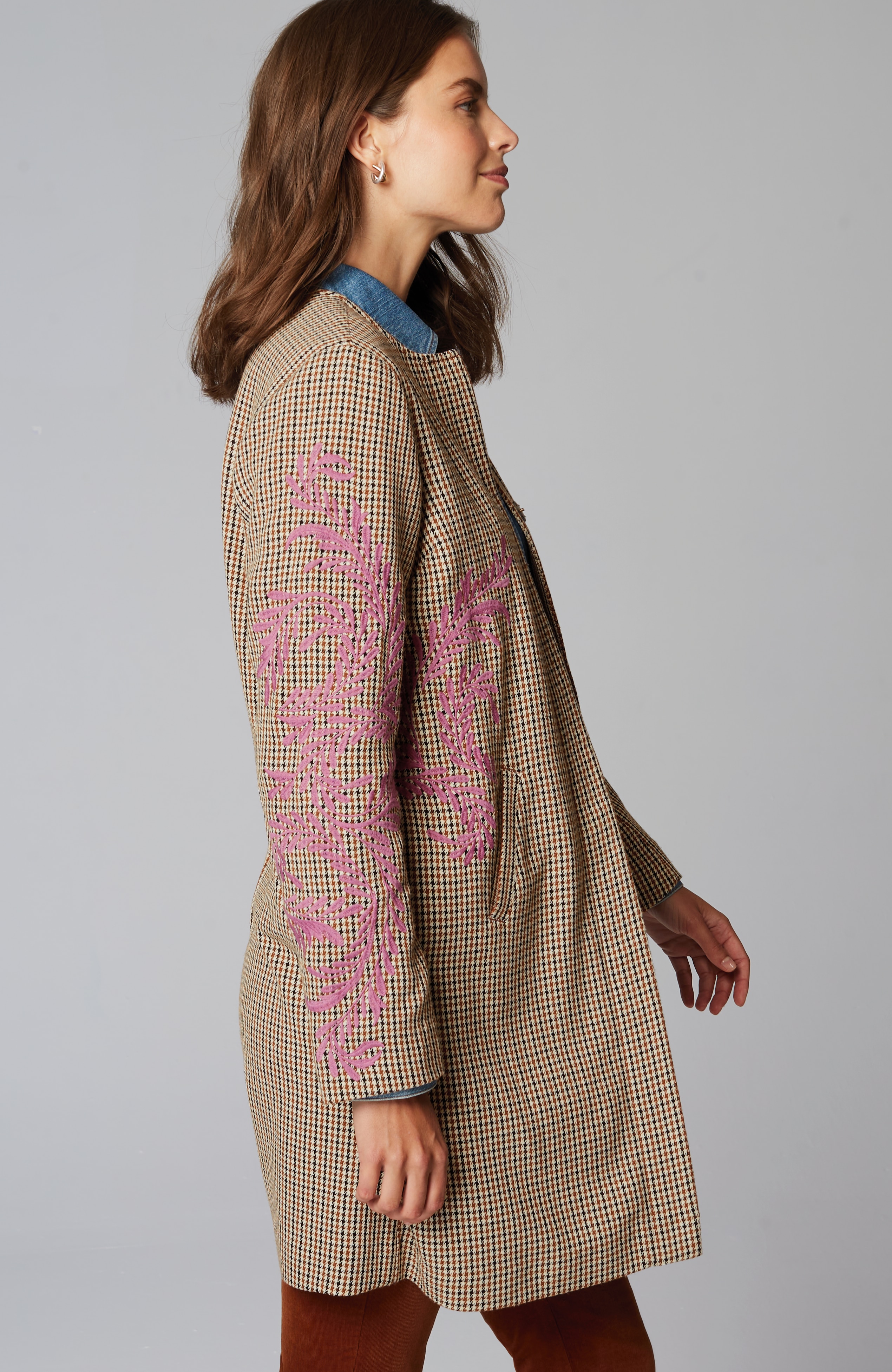 Embroidered Plaid Snap-Front Jacket