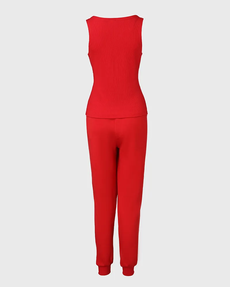 3 Piece Outfits Matching Sets Striped Tape Patch Tank Tops Button Front Jacket Cuffed Pants with Pockets Tracksuit
