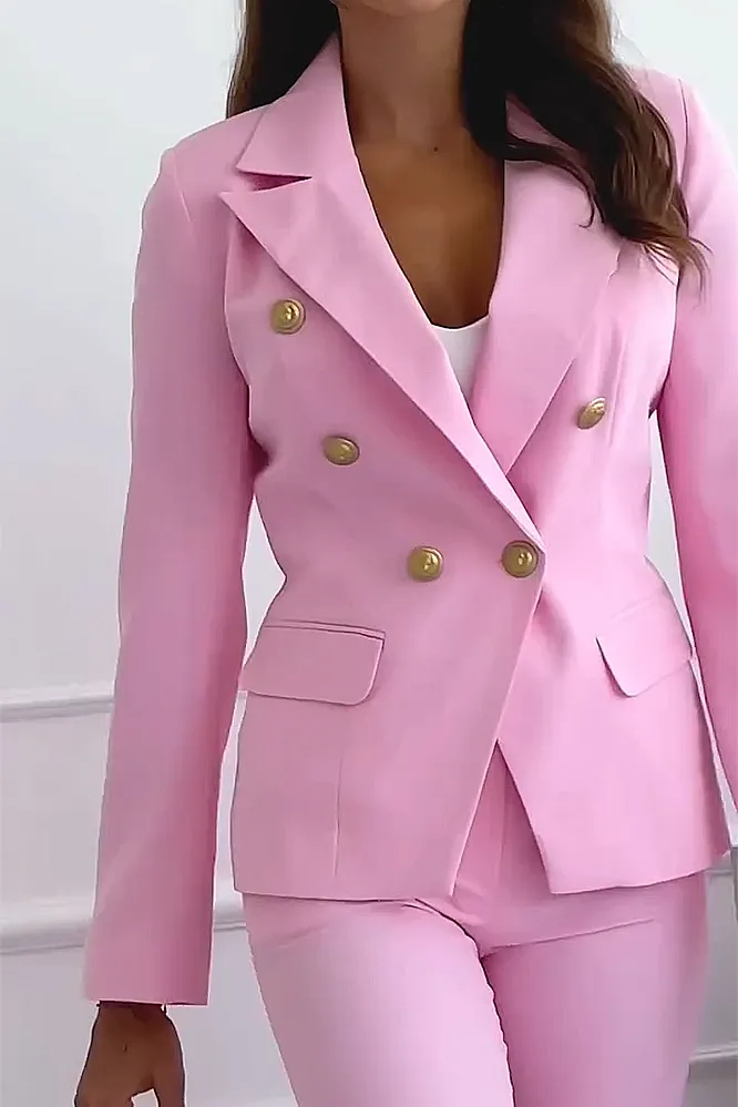 Women's Fashion Solid Color Slimming Button Jacket Pants Two Piece Set