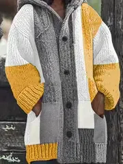 Women's Hooded Knit Cardigan with Pockets - Casual Patchwork Sweater Coat, Cozy Polyester, Perfect for Autumn/Winter