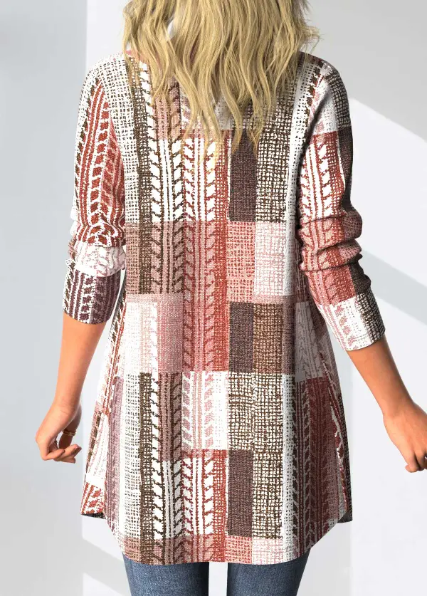 Pink Patchwork Geometric Print Long Sleeve Coat