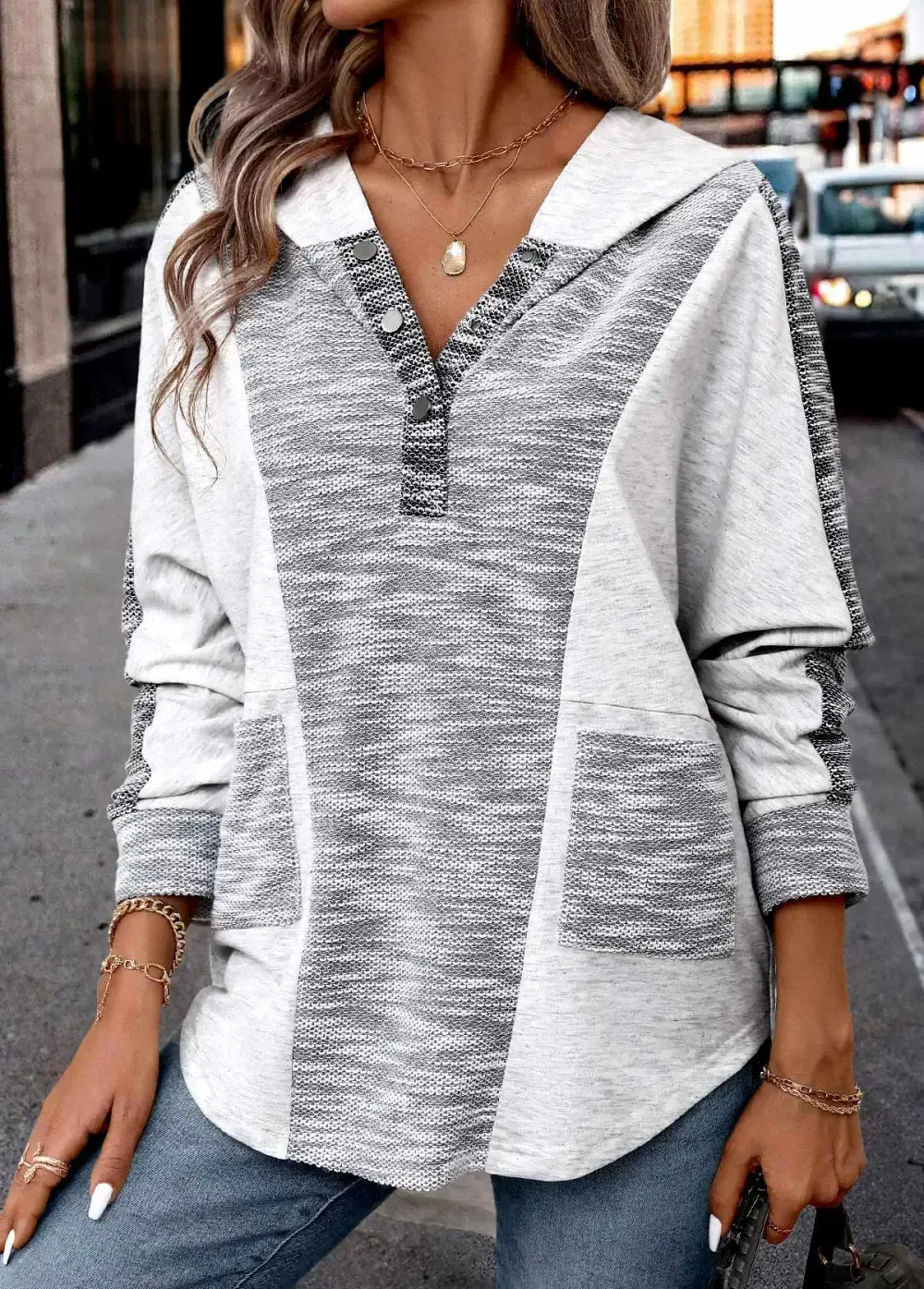 Light Grey Patchwork Long Sleeve Hoodie