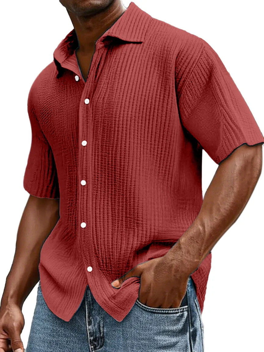 Men's Daily Casual Loose Comfortable Cotton Ruffled Texture Lapel Short Sleeve Button Shirt