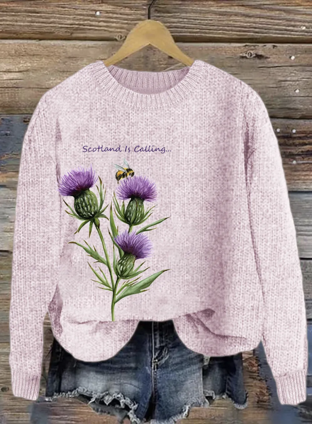 Purple plant flower round neck sweater