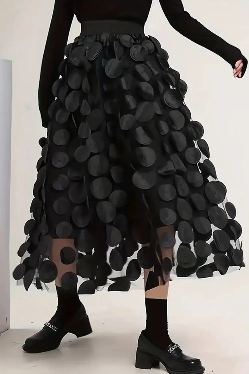 3D Dotted Applique High Waisted A-Line Midi Skirt