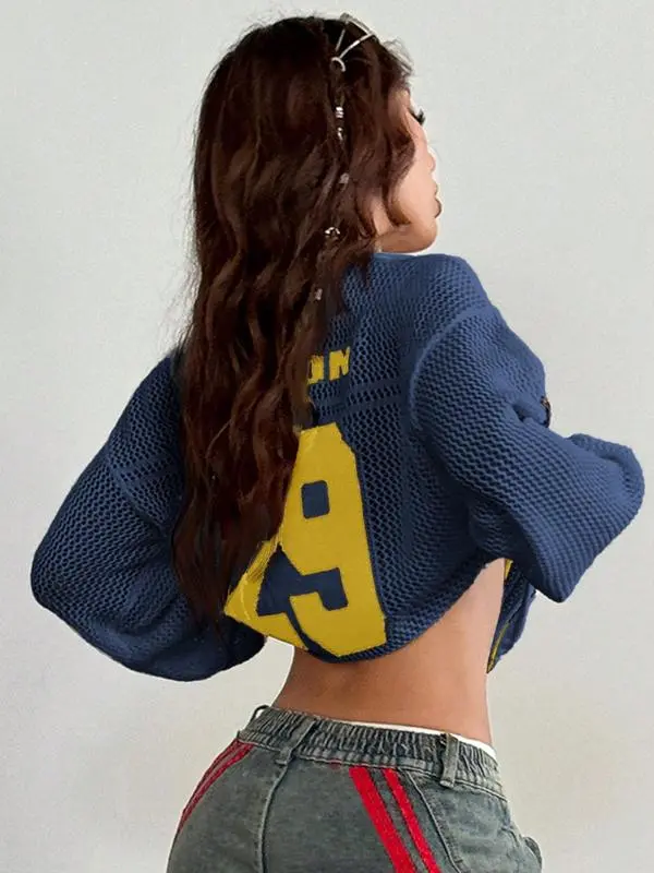 Women’s Colorblock Hollow Out Knit Sweater – Retro Loose Fit Long Sleeve Pullover