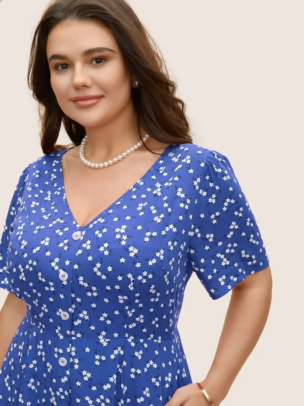 Ditsy Floral Button Detail Elastic Waist Midi Dress