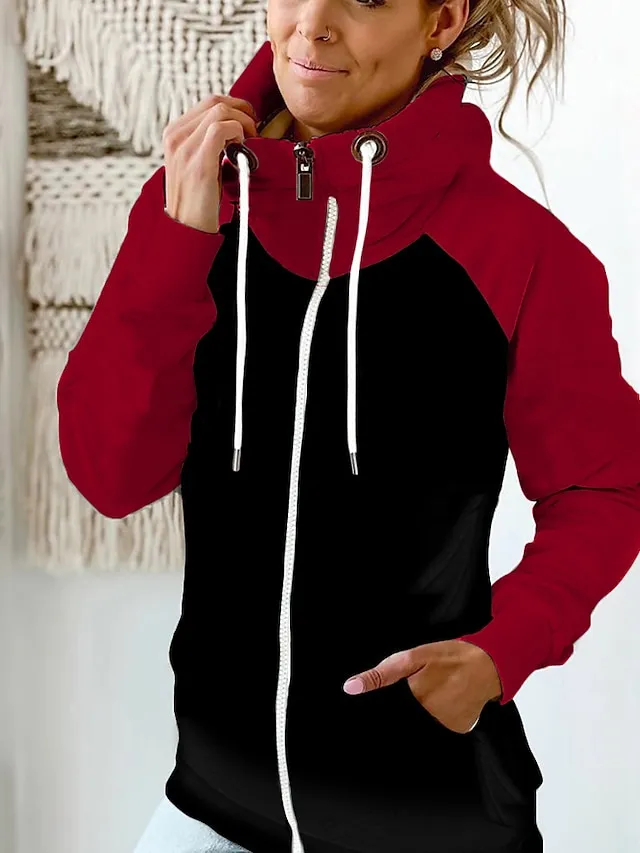 Women's Zip Hoodie Sweatshirt Basic Pocket Drawstring Zip Up White Light Green Pink Color Block Street Casual Pile Neck Long Sleeve Top Micro-elastic Fall & Winter