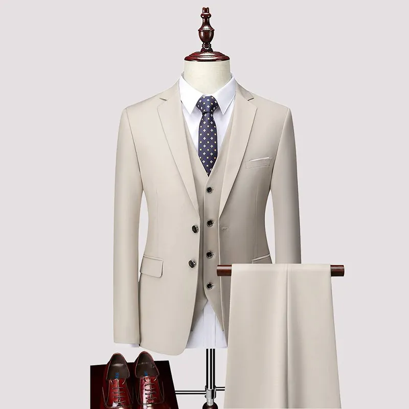 Men's Business Solid Single Breasted Pocket Lapel Collar Lapel Blazer & Vest & Pants 3Pcs Set