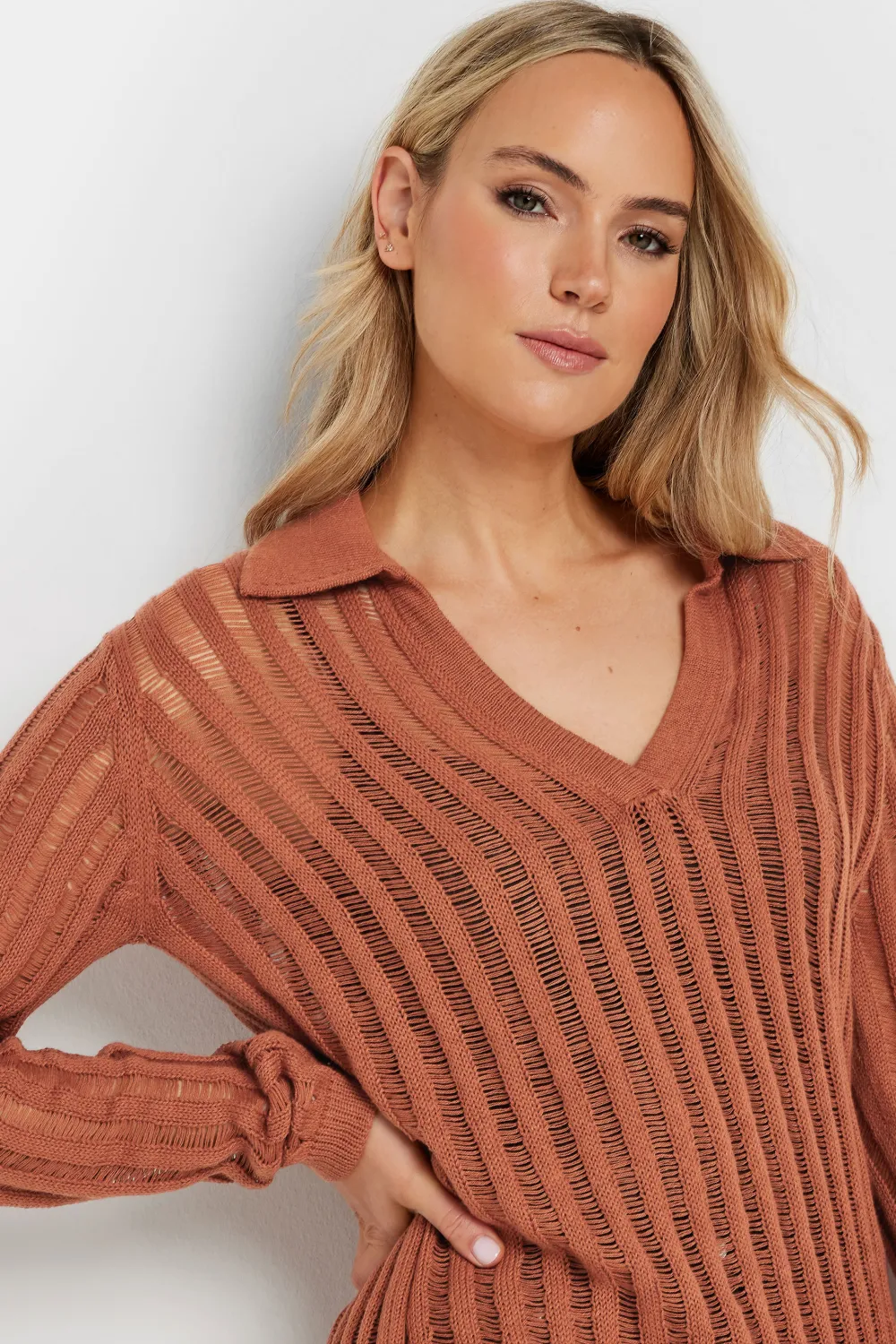 LTS Tall Ivory White Collared Crochet Jumper