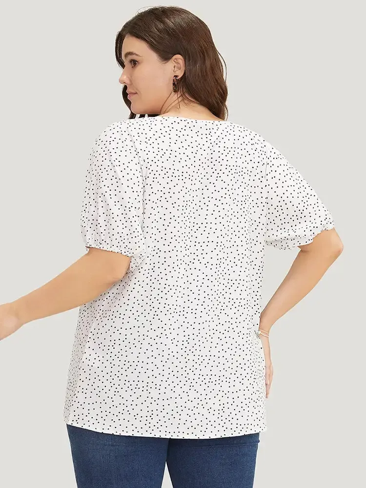 Polka Dot Pleated Round Neck Puff Sleeve Blouse