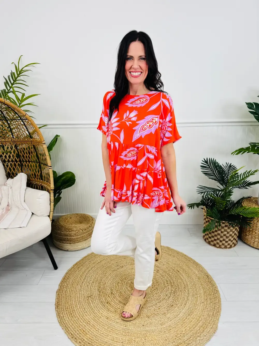 Floral Fiesta Top In Hot Coral