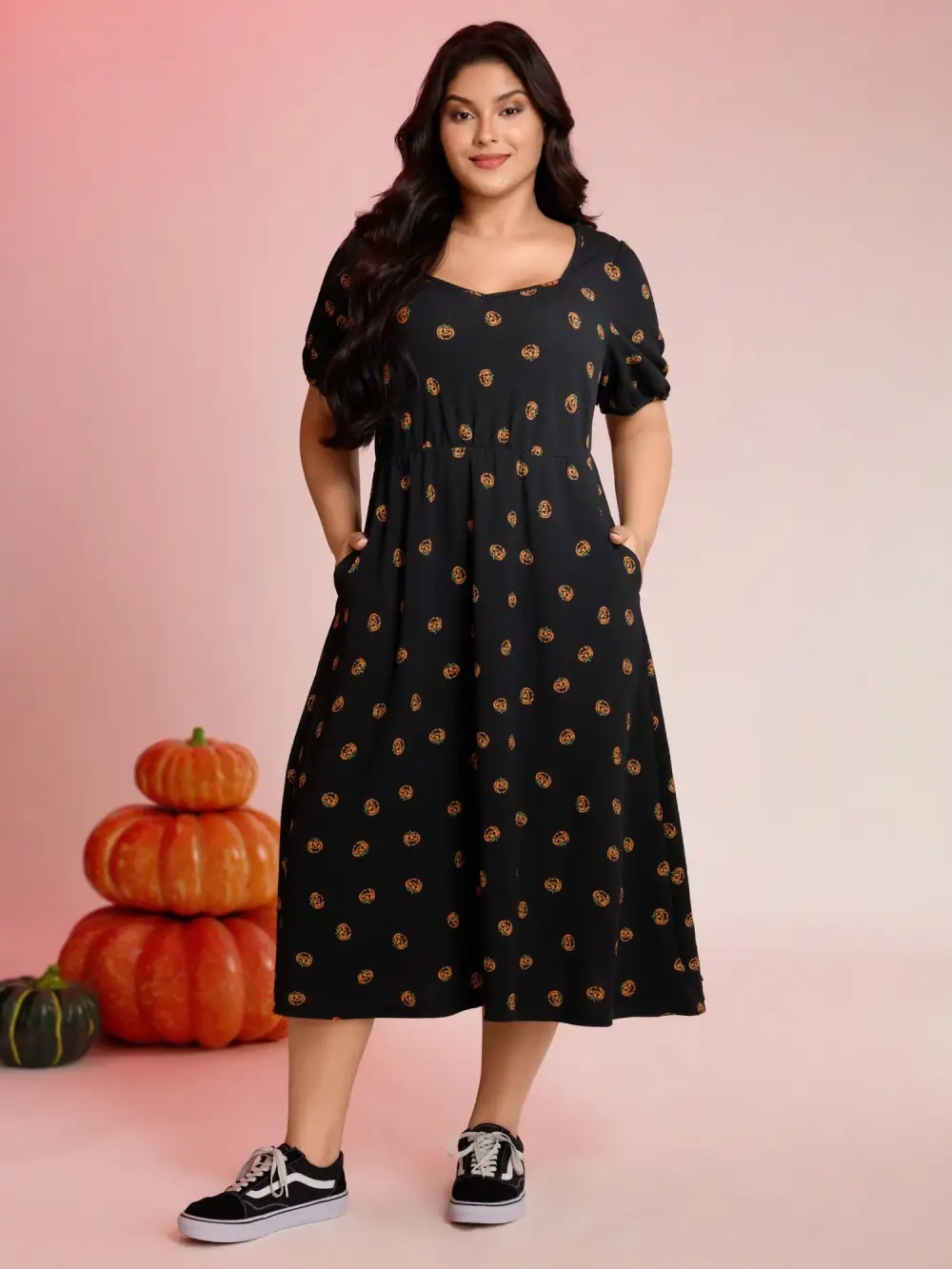 Micro Pumpkin Print Stretchy Midi Dress