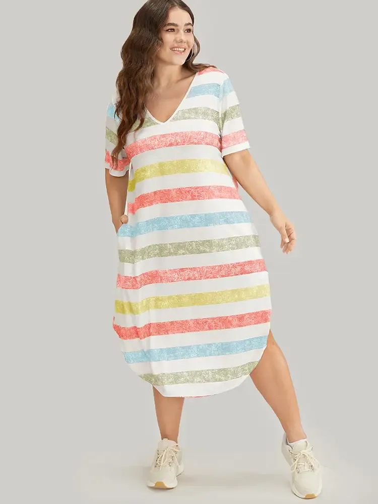 Striped Contrast Arc Hem V Neck Pocket Dress