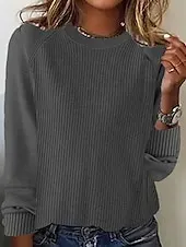 Women's Sweater Pullover Daily Stylish Casual Solid Color Ribbed Crew Neck Knitted Long Sleeve Regular Tops Knit Daily Holiday Going out Black Yellow Fall Winter