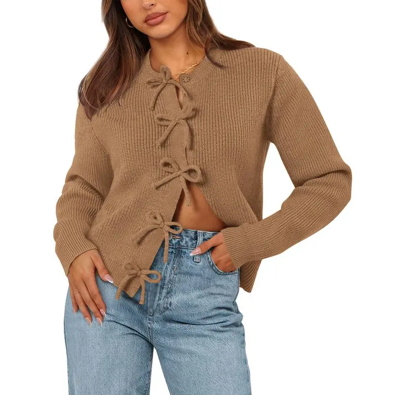 Cardigan Sweaters for Women Trendy 2025 Fall Open Front Long Sleeve Button Down Bow Knot Cropped Lady Jacket