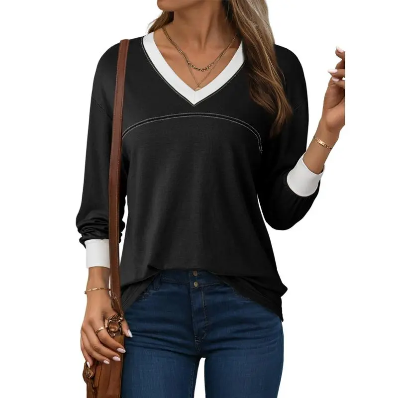 Women Blouses Dressy Casual Long Sleeve Shirts V Neck Color Block Tops Fall Outfits 2025