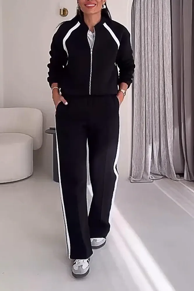 Women's contrast color zipper cardigan jacket & pants two-piece set