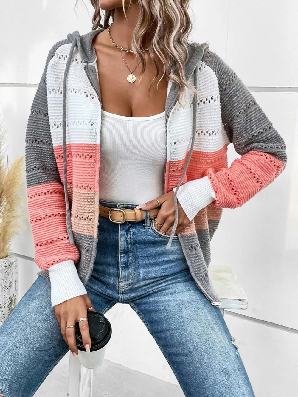 Women's Colorblock Zip Up Hoodie Jacket Long Sleeve Drawstring Hooded Cardigan Coat