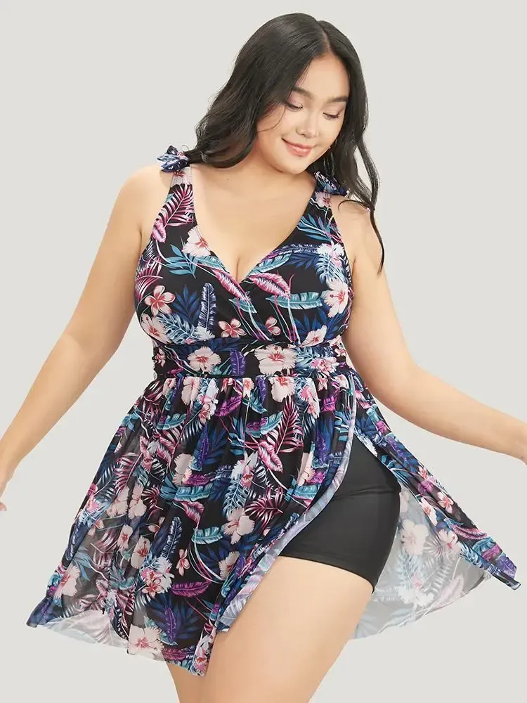 Tropical Print Bow Sculpt Waist Split Swim Dress