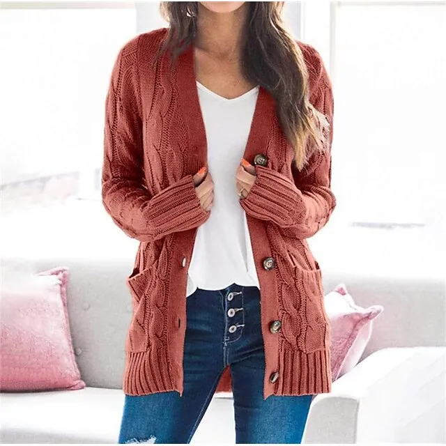 Women's Cardigan Pocket Knitted Button Solid Color Casual Chunky Long Sleeve Regular Fit Sweater Cardigans