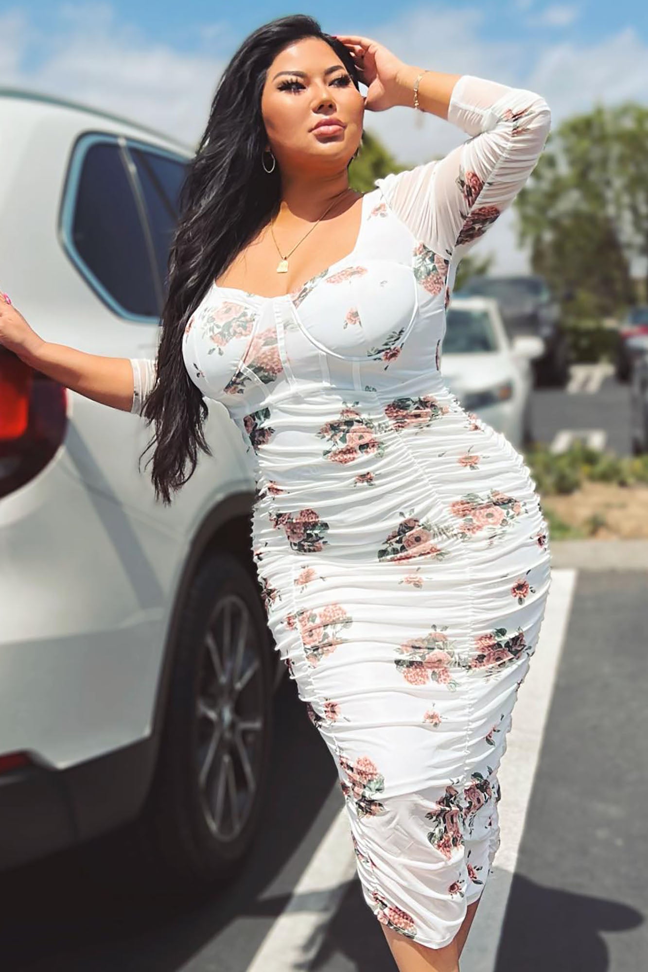 Bring Me Flowers Mesh Midi Dress - White