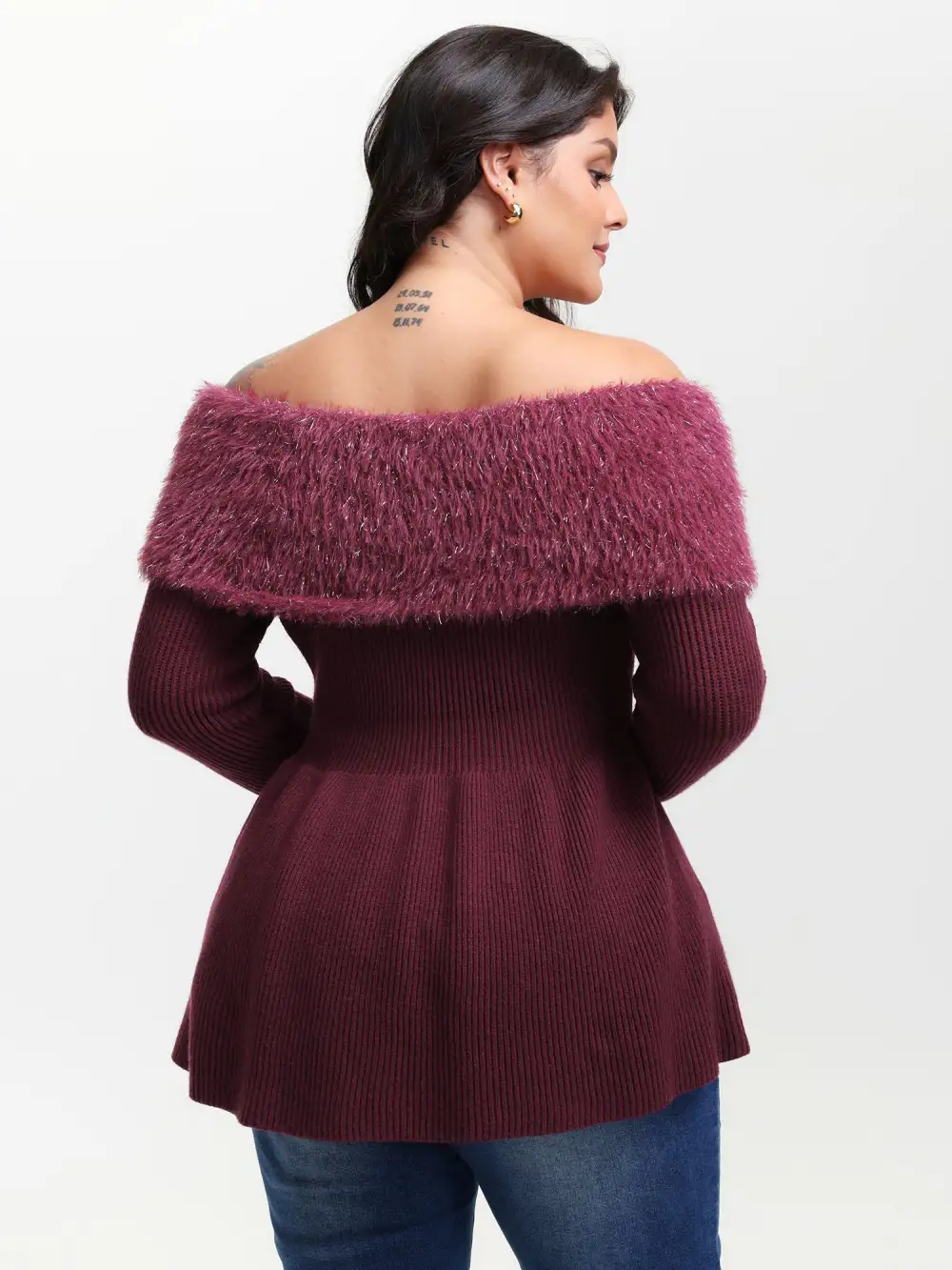 Sparkly Fur Off-Shoulder A-Line Pullover