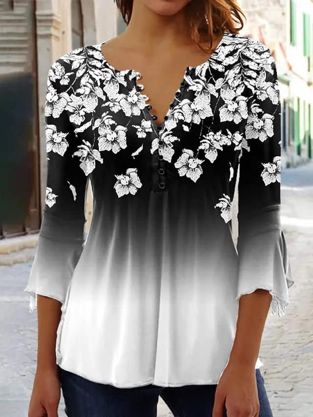 Women's Shirt Blouse Pink Blue Purple Floral Color Gradient Button Print 3/4 Length Sleeve Holiday Basic Neon & Bright Round Neck Regular Fit Floral