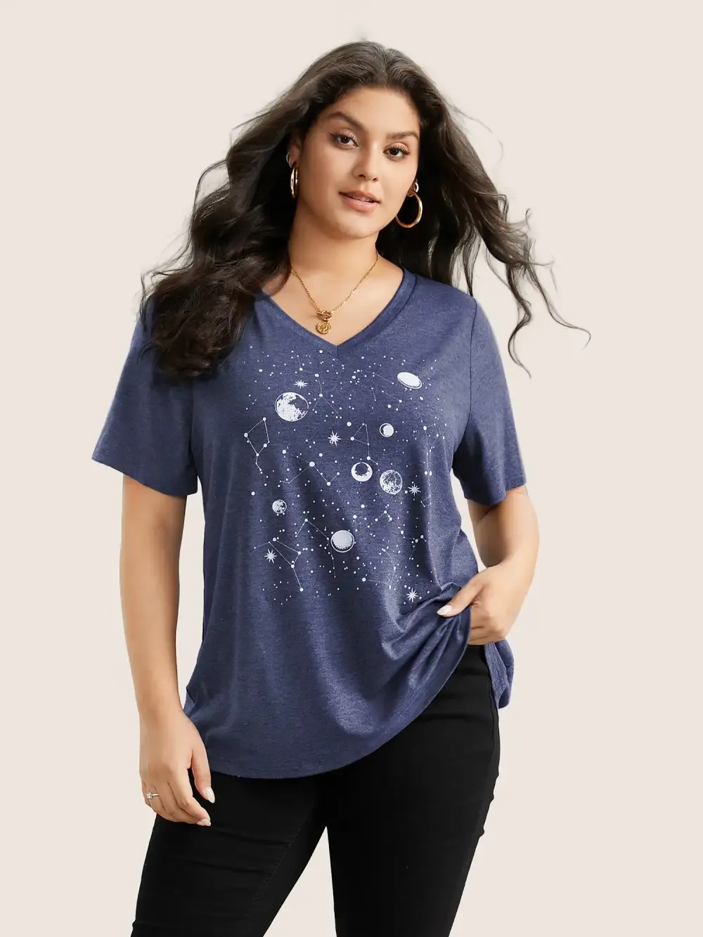 Moon And Star Print V Neck T-Shirt