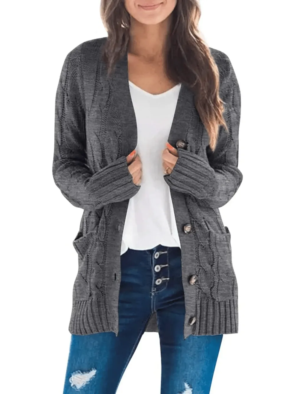 Women's Fall Casual Long Sleeve Button Down Open Front Cable Knit Cardigan