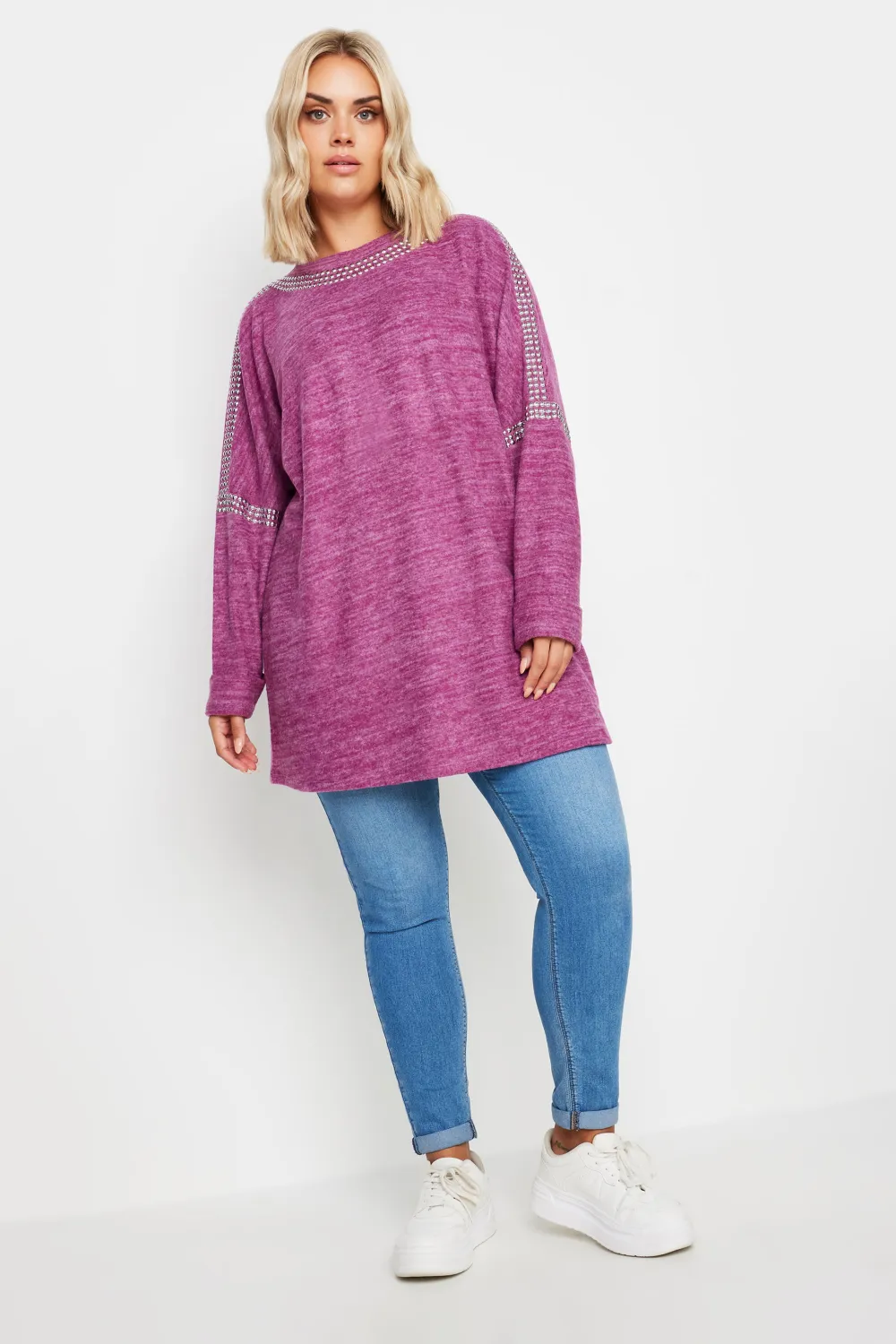 YOURS Curve Grey Stud Neckline Embellished Jumper