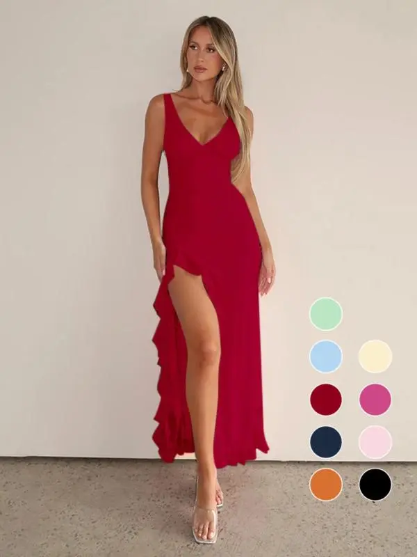 Women's Sleeveless Tank Dress-Solid Color, Thigh Slit, Summer Party Wear