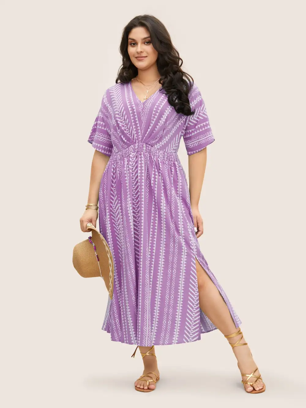 Solid Geometric Dolman Sleeve Pocket Shirred Split Hem Dress