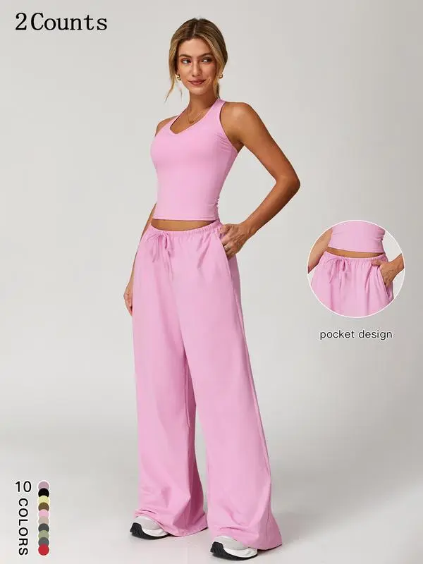 Women's Summer 2 Piece Set – Sleeveless V Neck Crop Top & Wide Leg Pants, Casual Lightweight Outfit