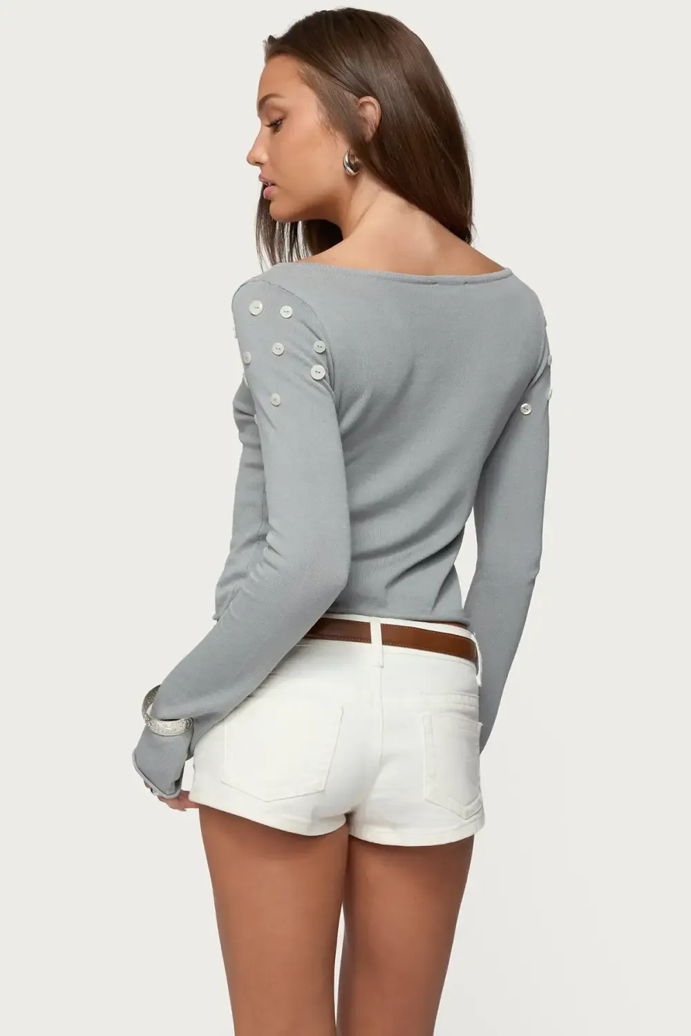 Iridescent Button Boat Neck Top