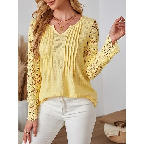 Women's Blouse Textured Ribbed Solid Color Eyelet Daily Elegant Stylish Puff Sleeve Long Sleeve