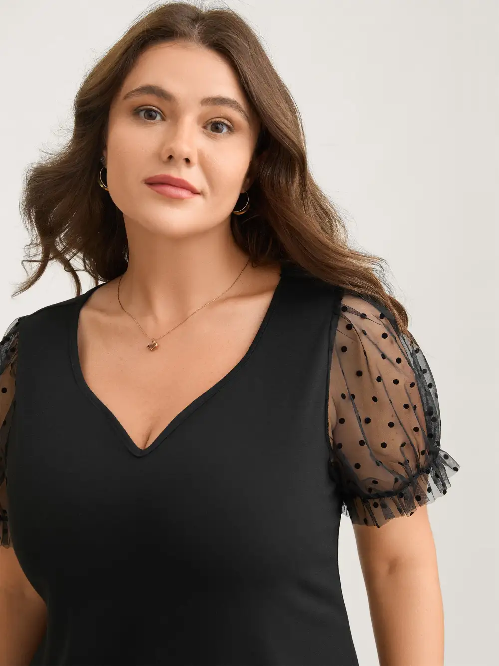 Stretchy Sheer Textured Sleeve Solid T-Shirt