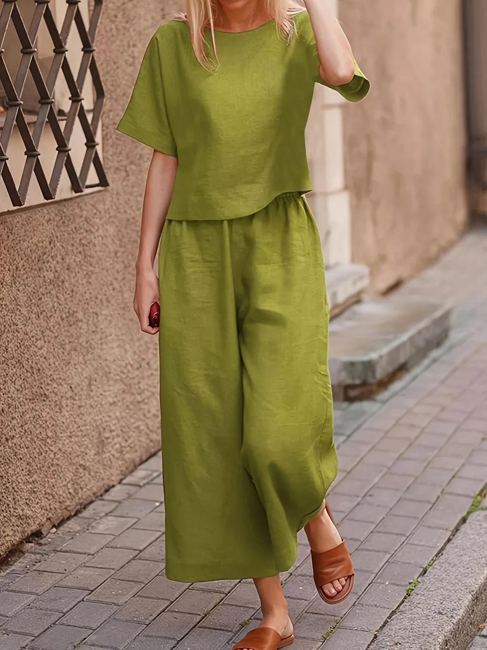 Two-piece Set, Solid Crew Neck Casual T-Shirt & Wide Leg Pants