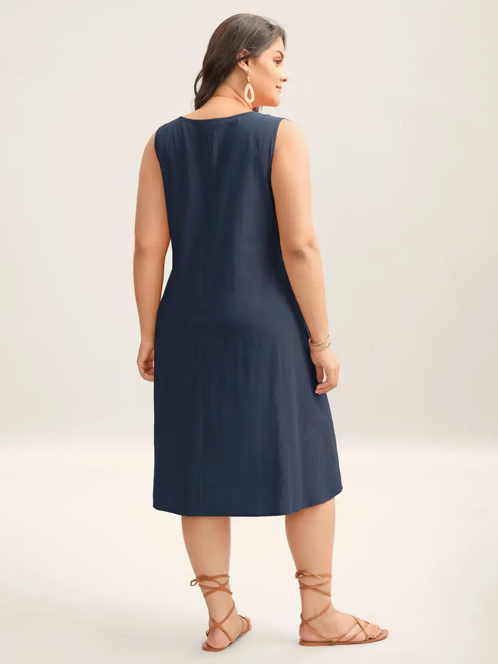 Cotton Toothpick Pleat Plain Midi Dress