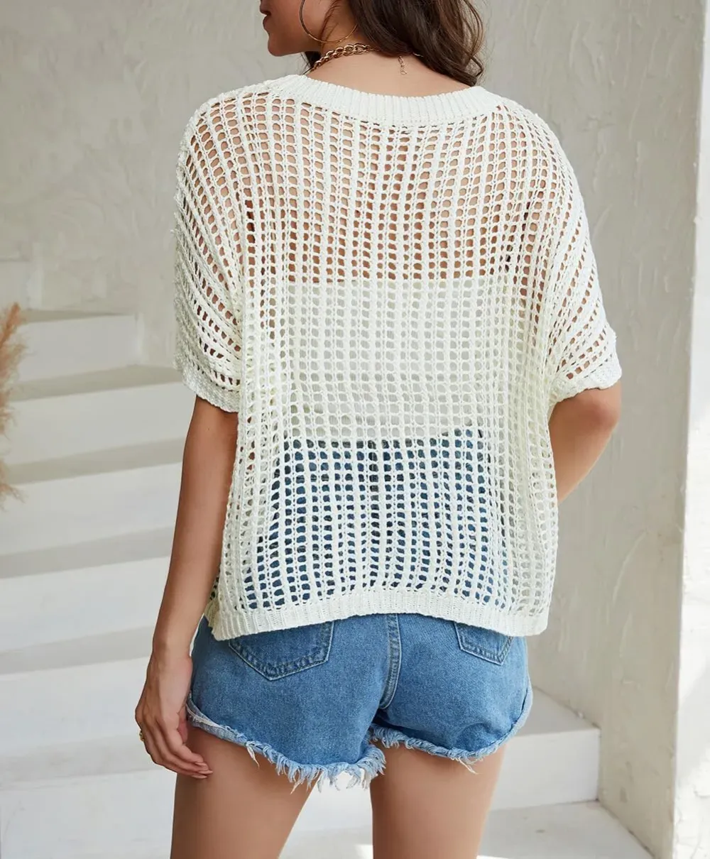 ✨Womens Casual Short Sleeve Hollow Out Pullover Knit Tops