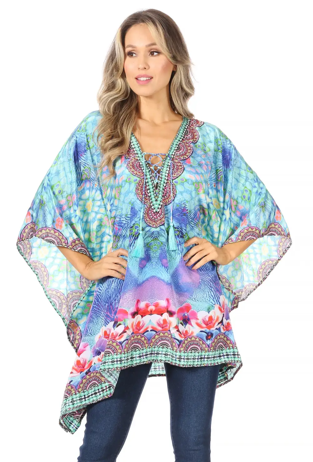 Women's Caftan Poncho Cover up V neck Top Lace up With Rhinestone